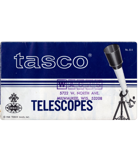 A blue and white card with a telescope
Description automatically generated