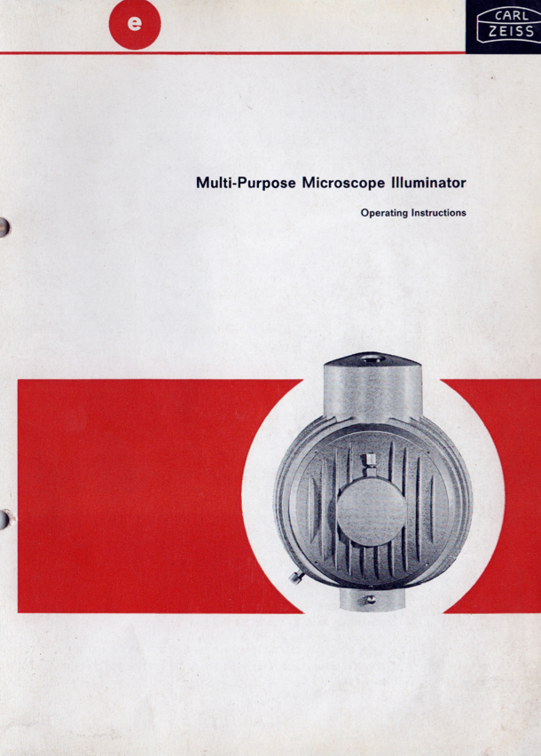 A white and red brochure with a picture of a microscope
Description automatically generated