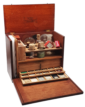 A wooden box with a variety of objects inside
Description automatically generated